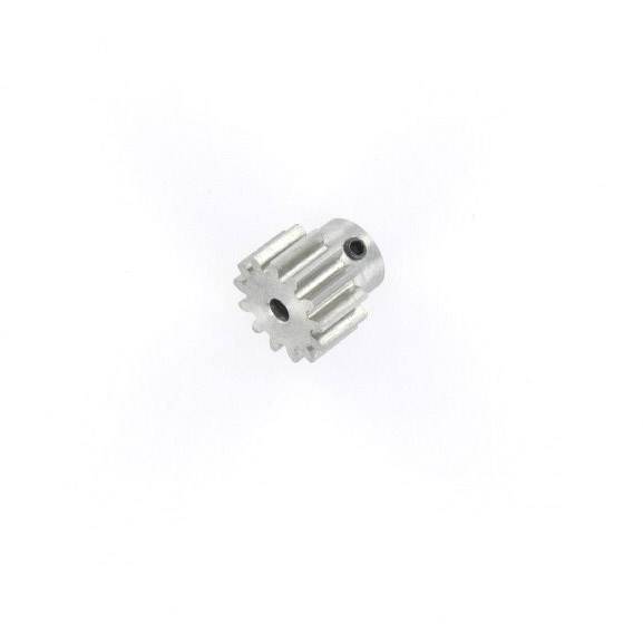 Een klein, zilver tandwiel met twaalf tanden op een witte achtergrond. Het heeft een gat aan de zijkant voor bevestiging.