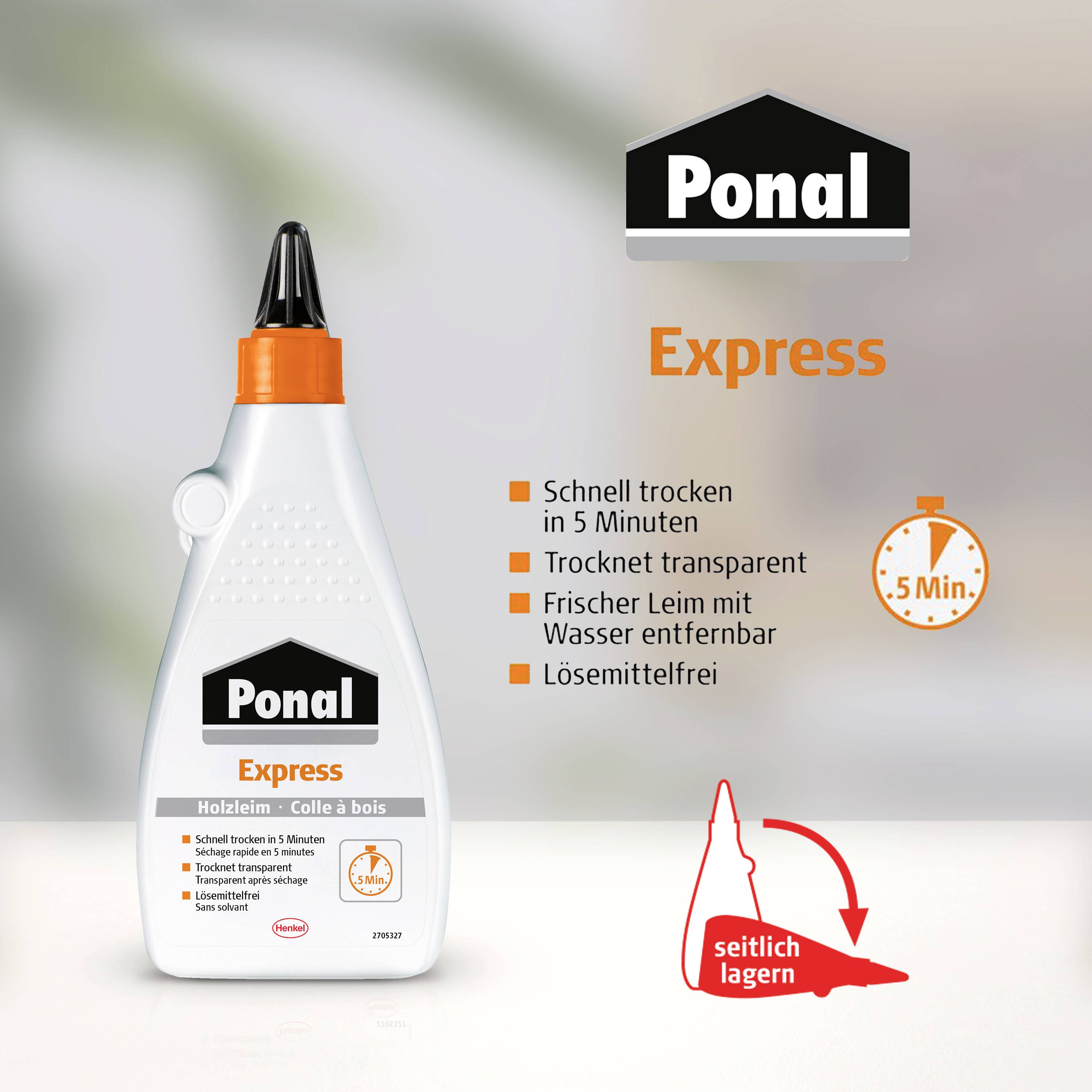 Fles met houtlijm 'Ponal Express'. Tekst: 'Snel drogende, transparante, oplosmiddelvrije lijm, 5 min.' Aanwijzing: 'Horizontaal opslaan'.