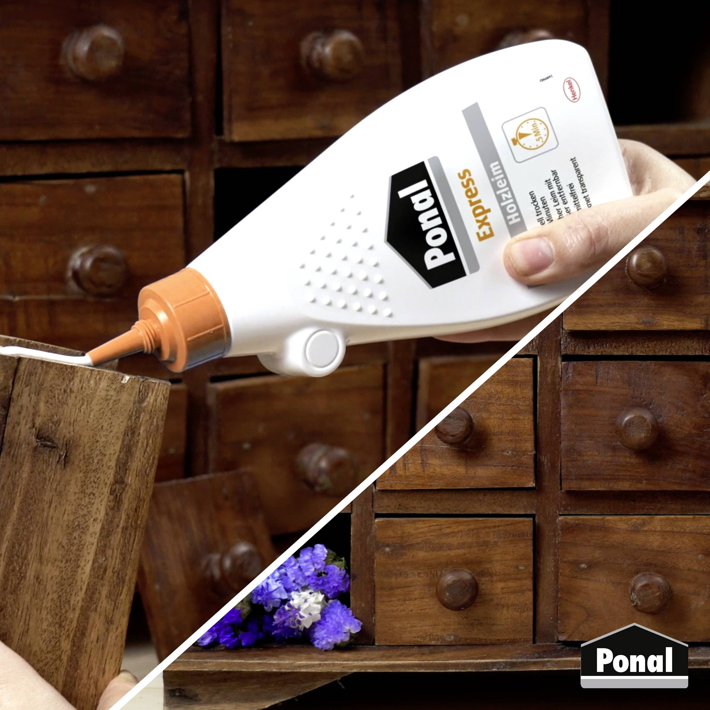 Een hand die 'Ponal Express Houtlijm' aanbrengt op een houten oppervlak, met op de achtergrond houten laden en kleine bloemen.