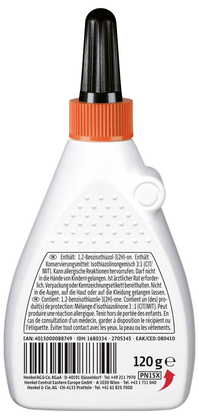 Een witte lijmfles met een oranje dop. Het voorste etiket heeft waarschuwingstekst over chemische inhoud en veiligheidsinstructies. Totaal gewicht: 120g.