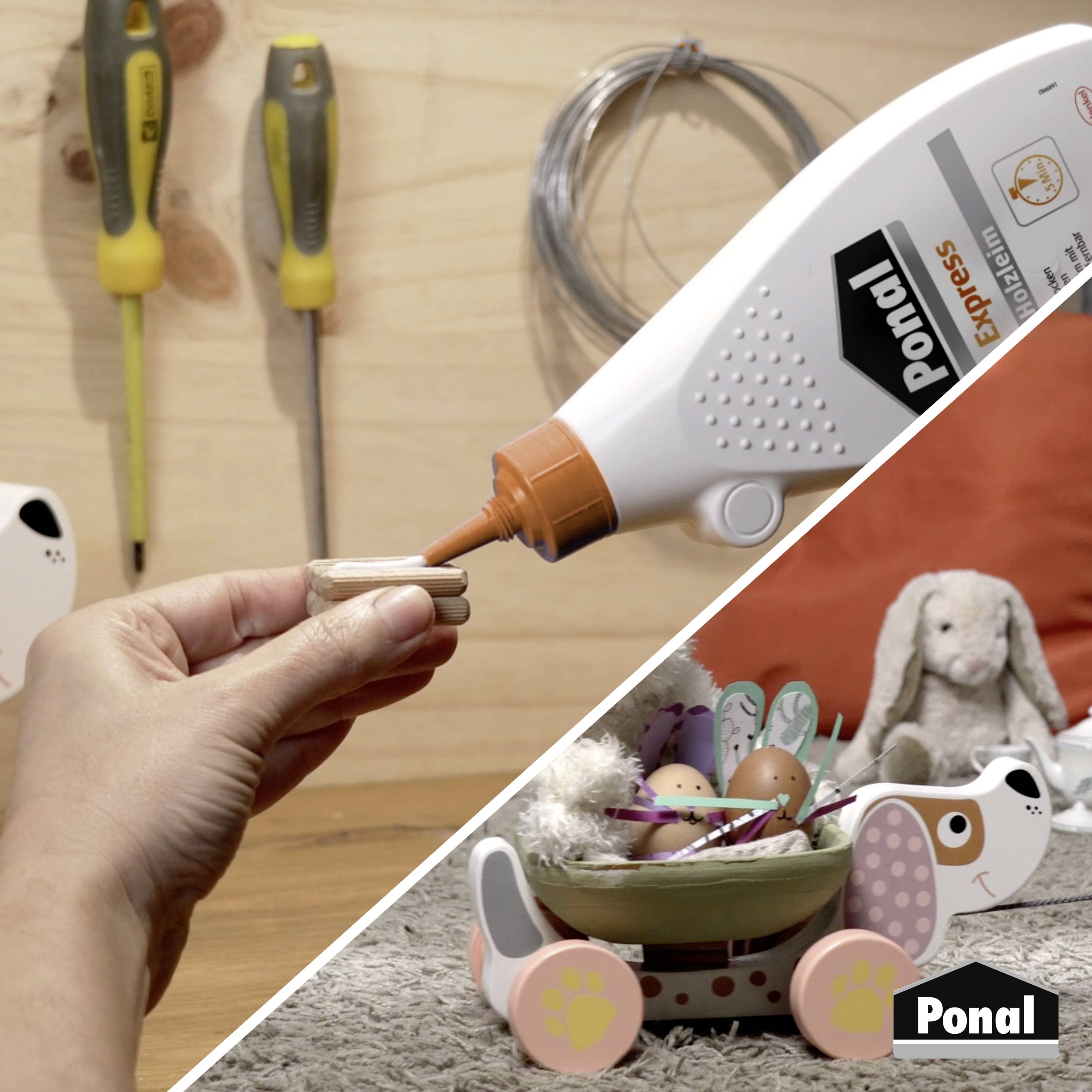 Een gedeelde afbeelding toont links een hand die lijm aanbrengt op een houten onderdeel, en rechts een decoratieve Paaskar met eieren en een konijn.