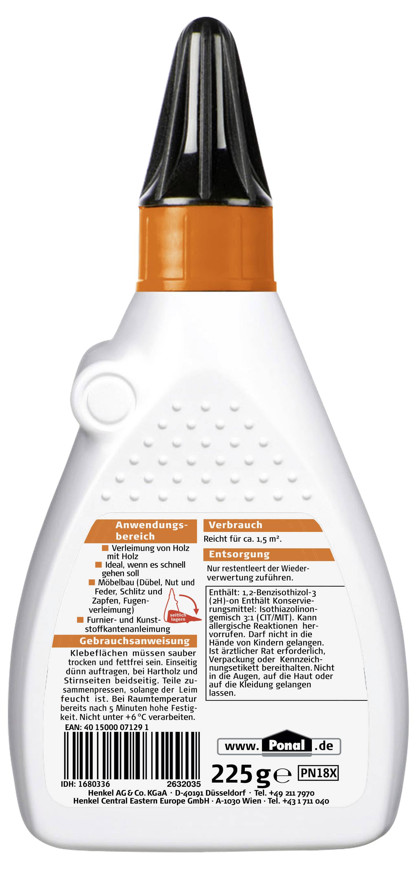 Een flesje lijm met een oranje dop. Het etiket bevat gebruiksaanwijzingen, veiligheidsinstructies en websiteinformatie in het Duits.