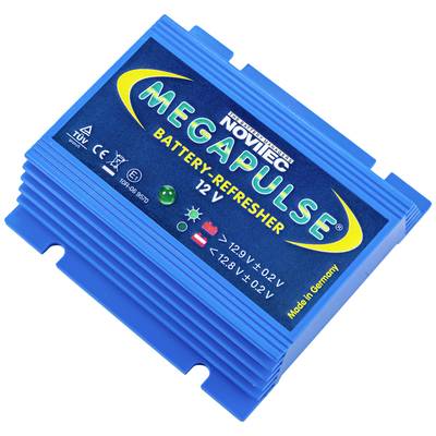 Een blauwe apparaat met opschrift 'MEGAPULSE Battery Refresher 12V', gebruikt voor onderhoud en verlenging van de levensduur van batterijen.
