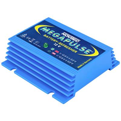 Een blauwe Megapulse-batterijoplader met LED-indicatoren aan de bovenkant, voorzien van de tekst 'Made in Germany'. Geschikt voor 12V-batterijen.