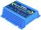 Een blauwe Megapulse-batterijoplader met LED-indicatoren aan de bovenkant, voorzien van de tekst 'Made in Germany'. Geschikt voor 12V-batterijen.