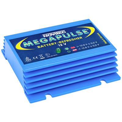 Blauw batterij-accessoire met opschrift 'Megapulse Battery-Refresher 12V'. Vervaardigd in Duitsland. Toont LED-indicator voor spanning.