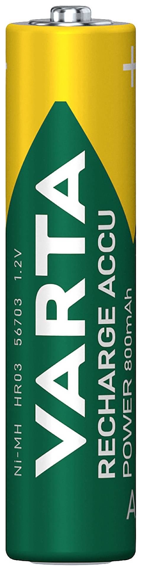 Een oplaadbare VARTA AA-batterij, rechtop staand, met een geel-groen ontwerp en het opschrift 'RECHARGE ACCU POWER 800mAh'.