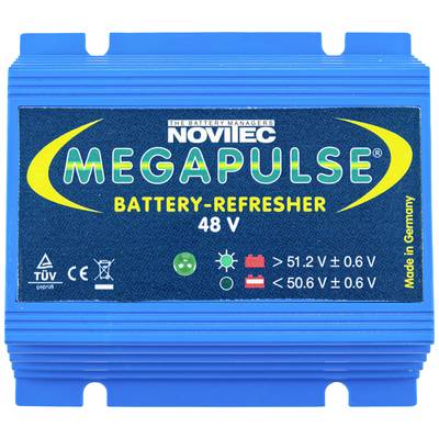 Blauw apparaat met opschrift 'MEGAPULSE BATTERY-REFRESHER 48 V'. Toont LED-indicatoren voor batterijstatusbeoordeling.