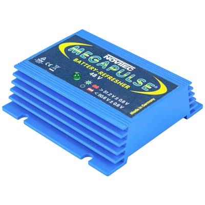 Blauw batterijapparaat met opschrift 'Megapulse Battery Refresher 48V', toont spanningsspecificaties en land van herkomst.