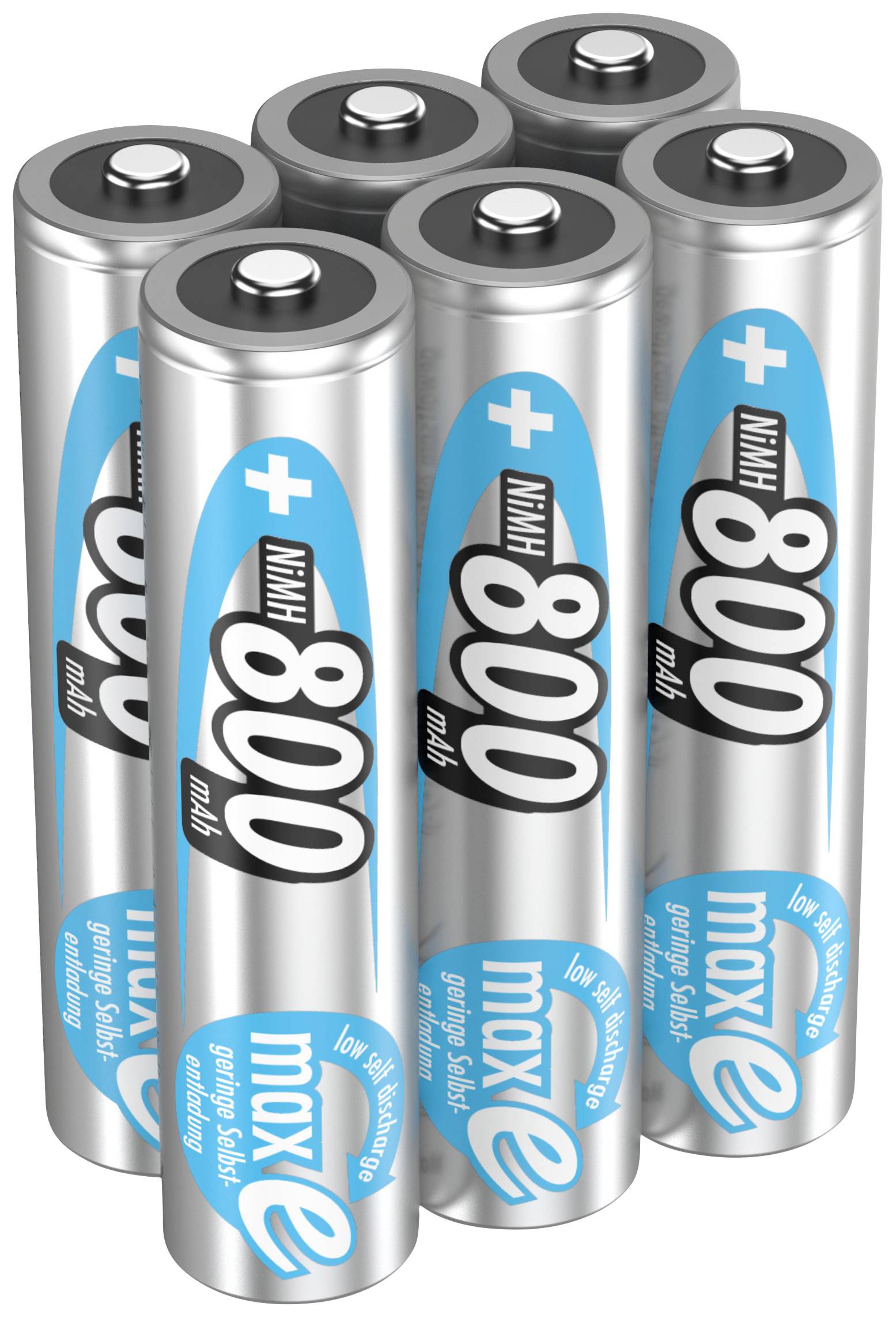 Zes AA-batterijen in een zilveren behuizing met blauwe accenten, gemarkeerd met '800 mAh' en 'maxe'.