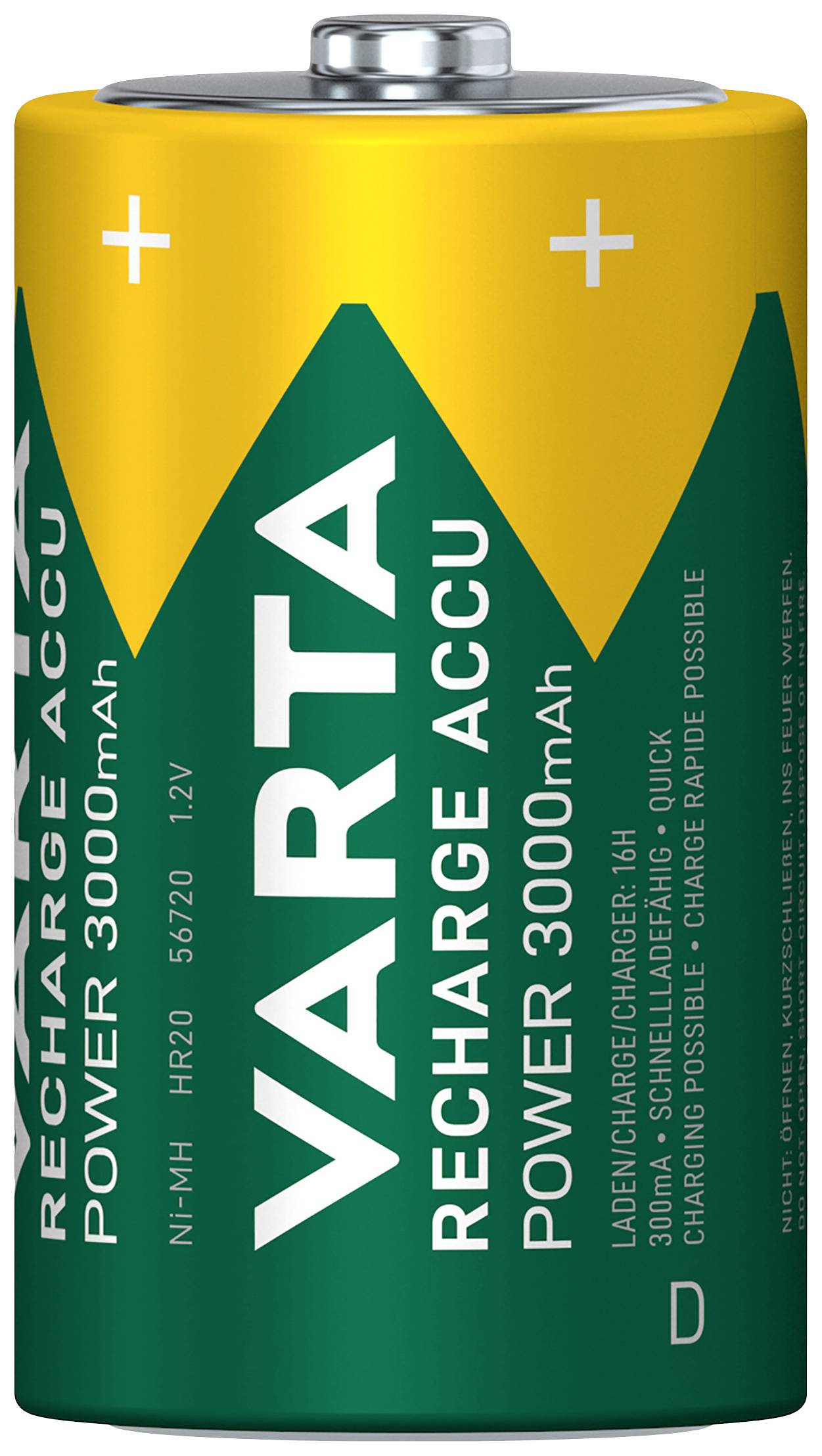 'VARTA Recharge ACCU Power 3000mAh' Batterij, Grootte D, oplaadbaar, geel-groen, 56720, Ni-MH, 1.2V.