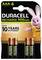 Vier Duracell oplaadbare AAA-batterijen, 900mAh, geadverteerd met een levensduur van '10 jaar opslag'. Roze konijnenmascotte op de verpakking.