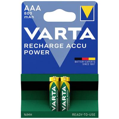 Twee AAA-batterijen van Varta in een verpakking met het opschrift 'RECHARGE ACCU POWER', 800 mAh.