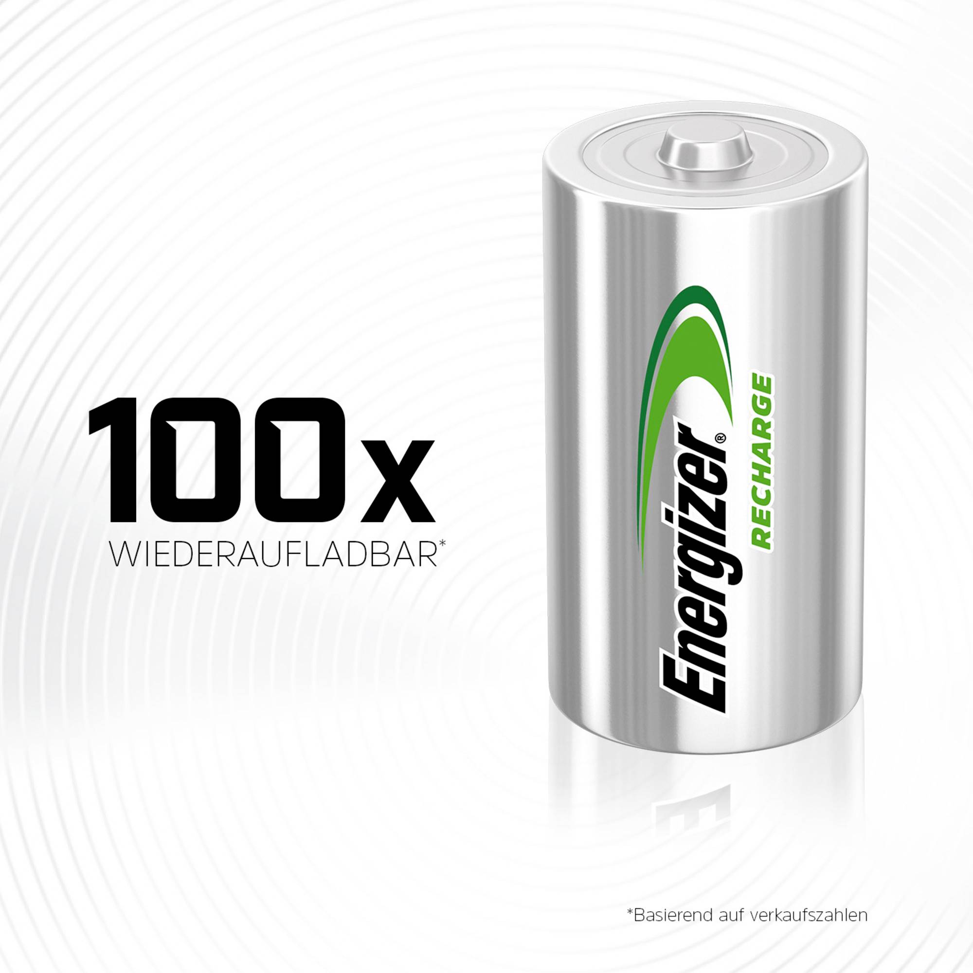 Een zilveren batterij met een groen 'Energizer Recharge'-logo staat rechts. Links staat '100x oplaadbaar'.