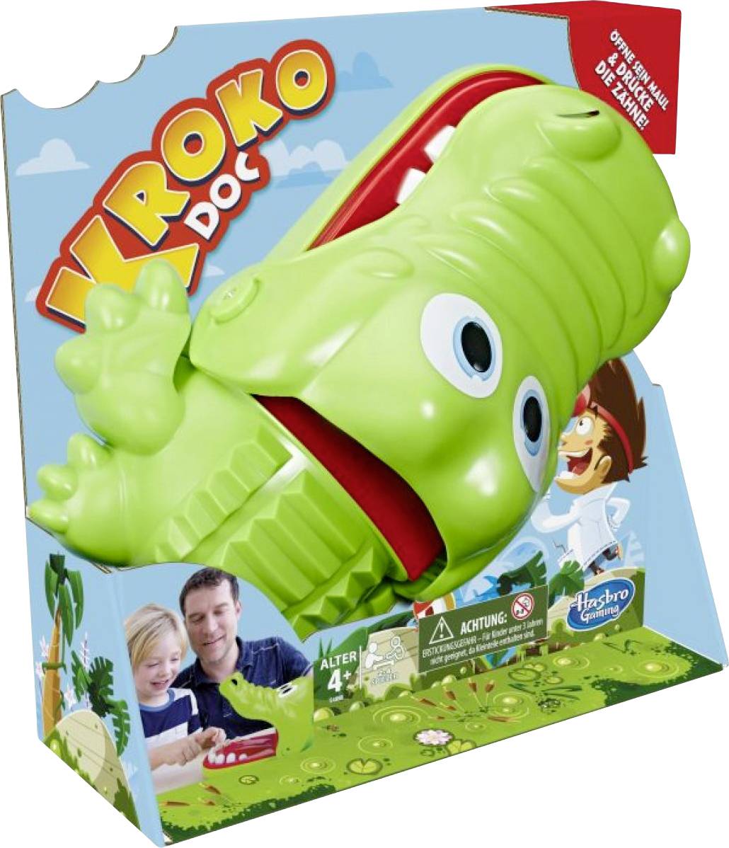 Verpakking van het spel 'Kroko Doc' met een grote, lachende krokodil, geschikt voor kinderen vanaf 4 jaar.