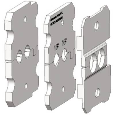 Drie grijze metalen platen met verschillende gatenconfiguraties, diagonaal gerangschikt. Elke plaat heeft twee hoofdgaten.