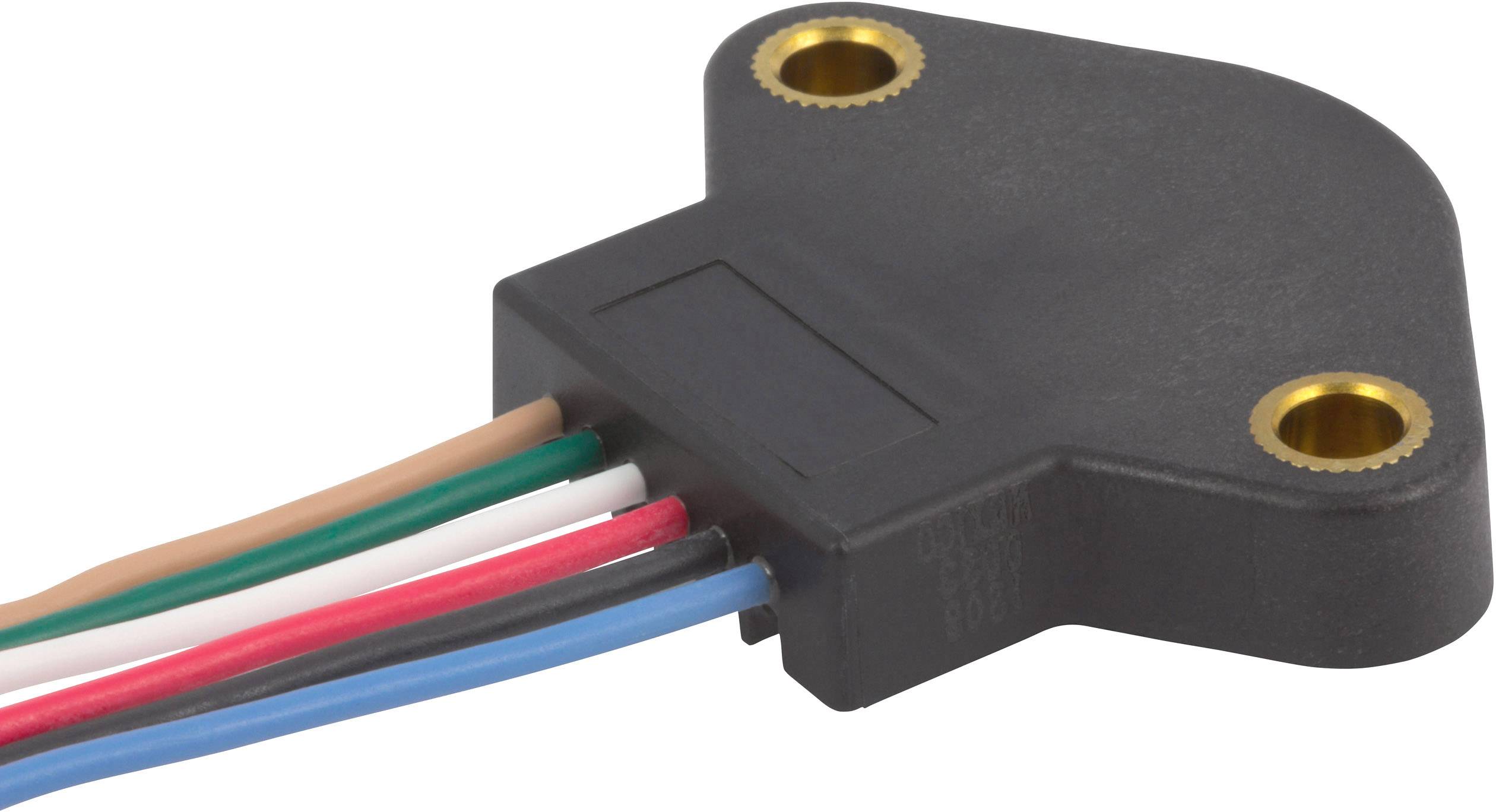 Een driehoekige sensor met twee bevestigingsgaten en meerdere gekleurde kabels die uit de behuizing steken.