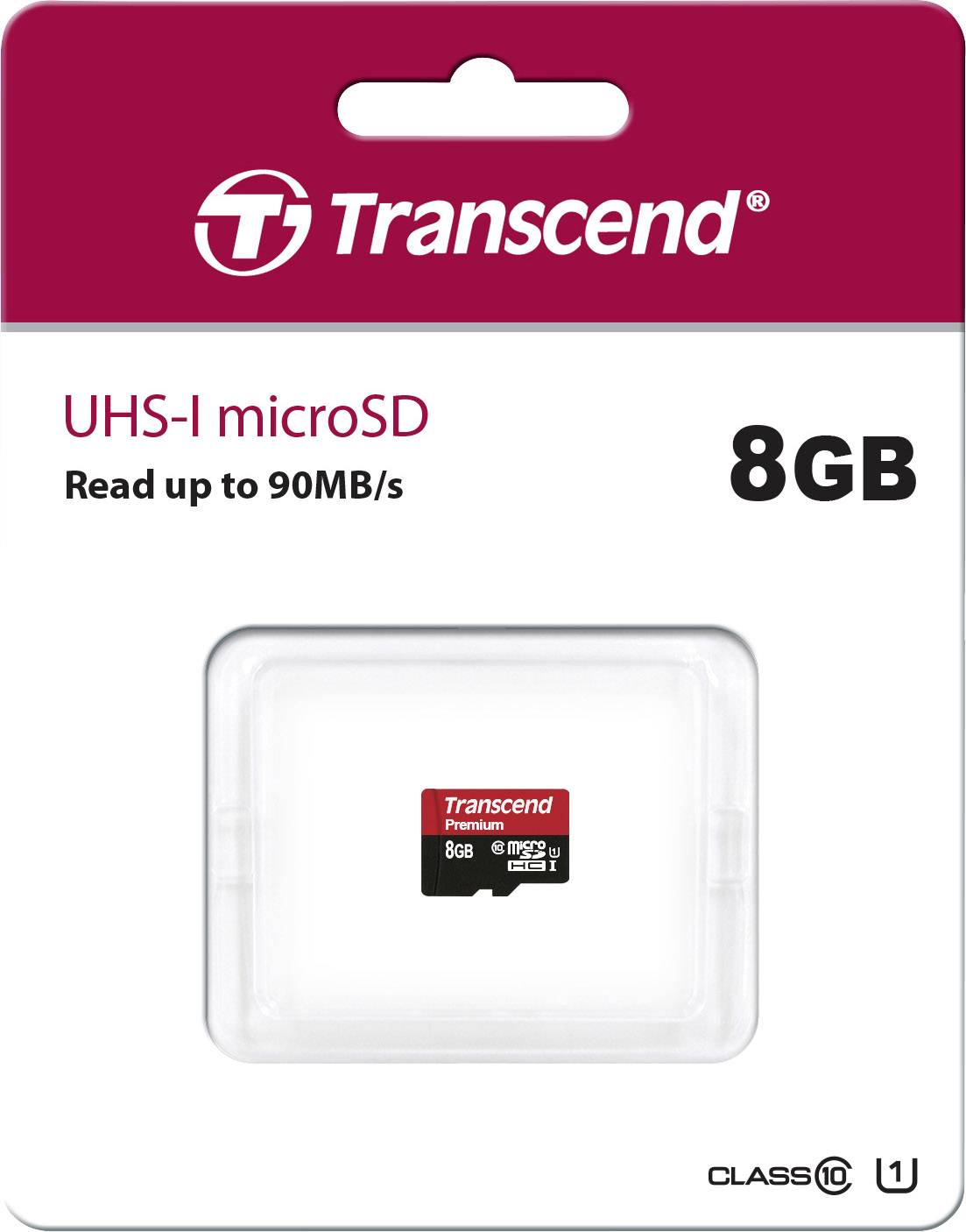 Translation of the Dutch text to Dutch (this appears to be an existing Dutch description):<br><br>Verpakking van een 8GB Transcend UHS-I microSD-kaart, leessnelheid tot 90MB/s, Klasse 10, in plastic behuizing.