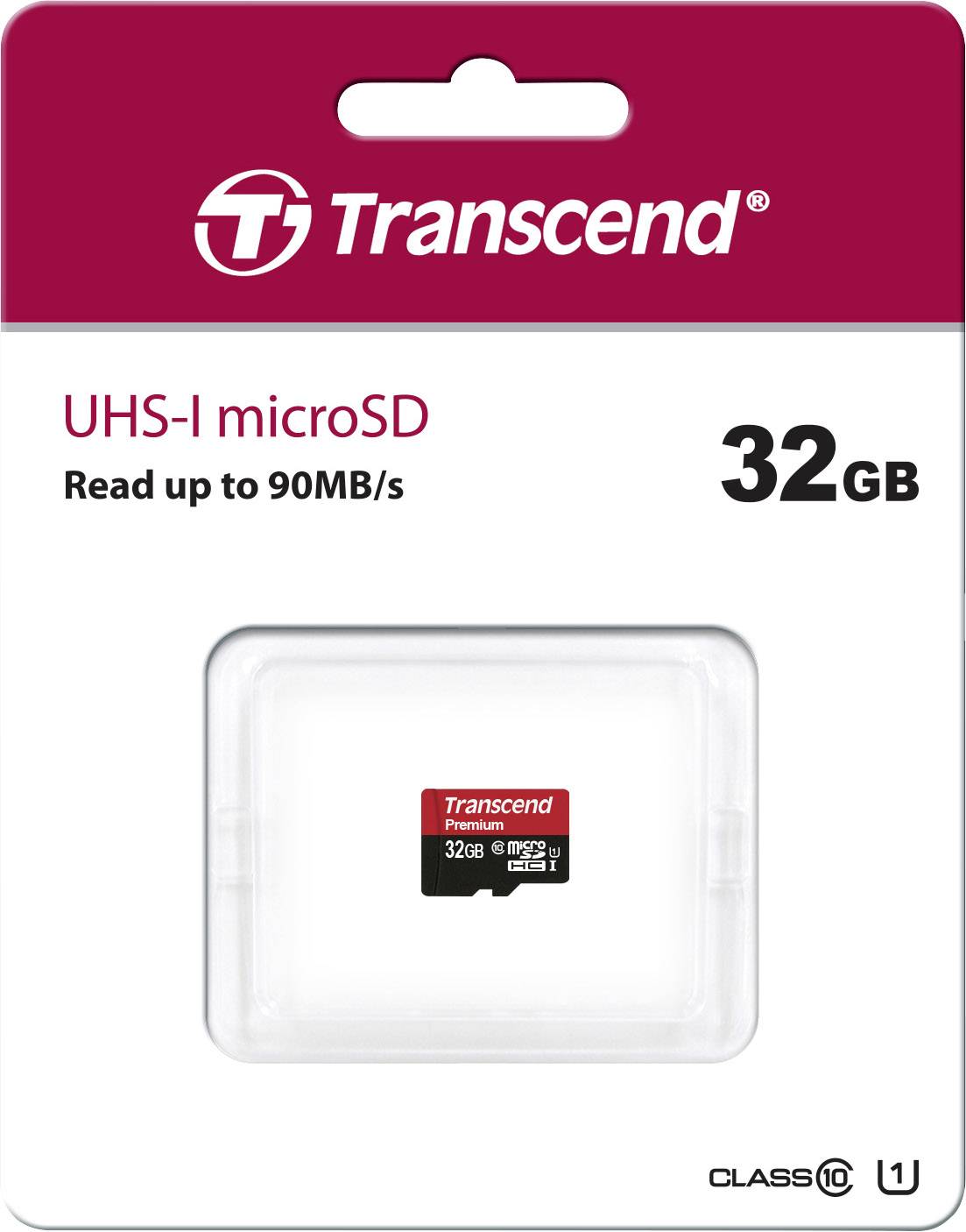 '32GB UHS-I microSD-kaart van Transcend, leessnelheid tot 90MB/s, Class 10, in verpakking.'