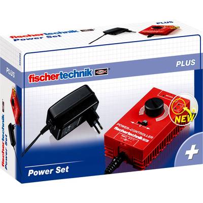 Verpakking van een 'fischertechnik Power Set' met voedingsadapter en vermogenscontroller, geschikt voor het gebruik bij bouwprojecten.