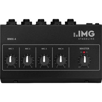 Zwarte audiomixer 'MMX-4' van IMG Stageline met vier microfooningangen en een master-regelaar, waarbij verschillende draaiknoppen zichtbaar zijn.