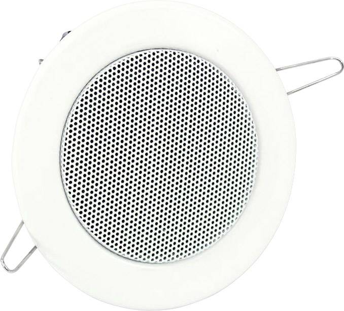 Een ronde plafondluidspreker met een wit rooster in het midden, omgeven door een wit frame, geschikt voor audioweergave.