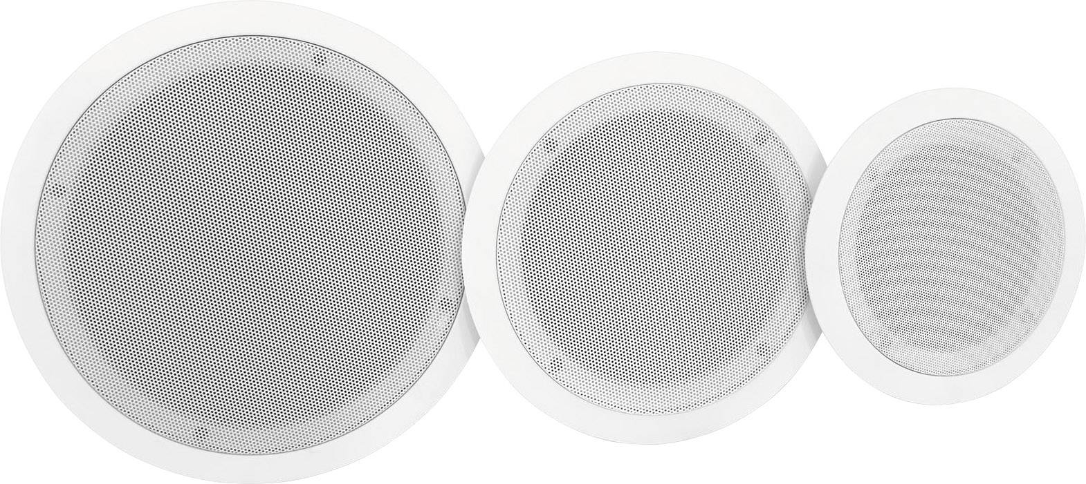 'Drie ronde, witte luidsprekers in verschillende formaten, naast elkaar op een witte achtergrond.'
