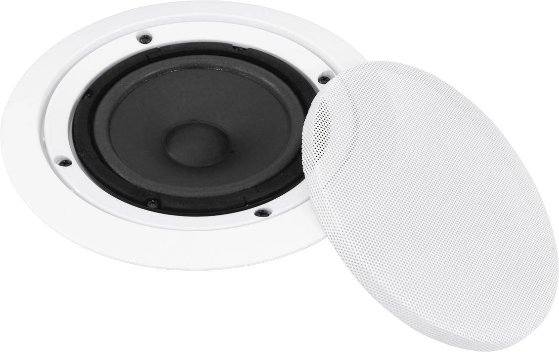 Inbouw plafondluidspreker van roestvrij staal met verwijderd wit rooster, geschikt voor plafondmontage.