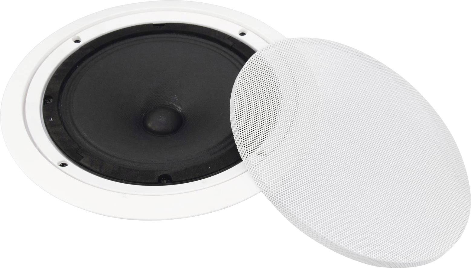 Een witte plafondluidspreker met verwijderbare afdekking toont een zwarte luidspreker eronder. Ideaal voor discrete audio-installatie.