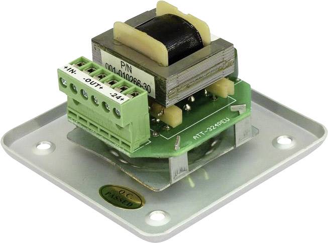 Elektronisch onderdeel: Een groene printplaat met meerdere aansluitingen en een daarop gemonteerde transformator, bevestigd op een metalen plaat.