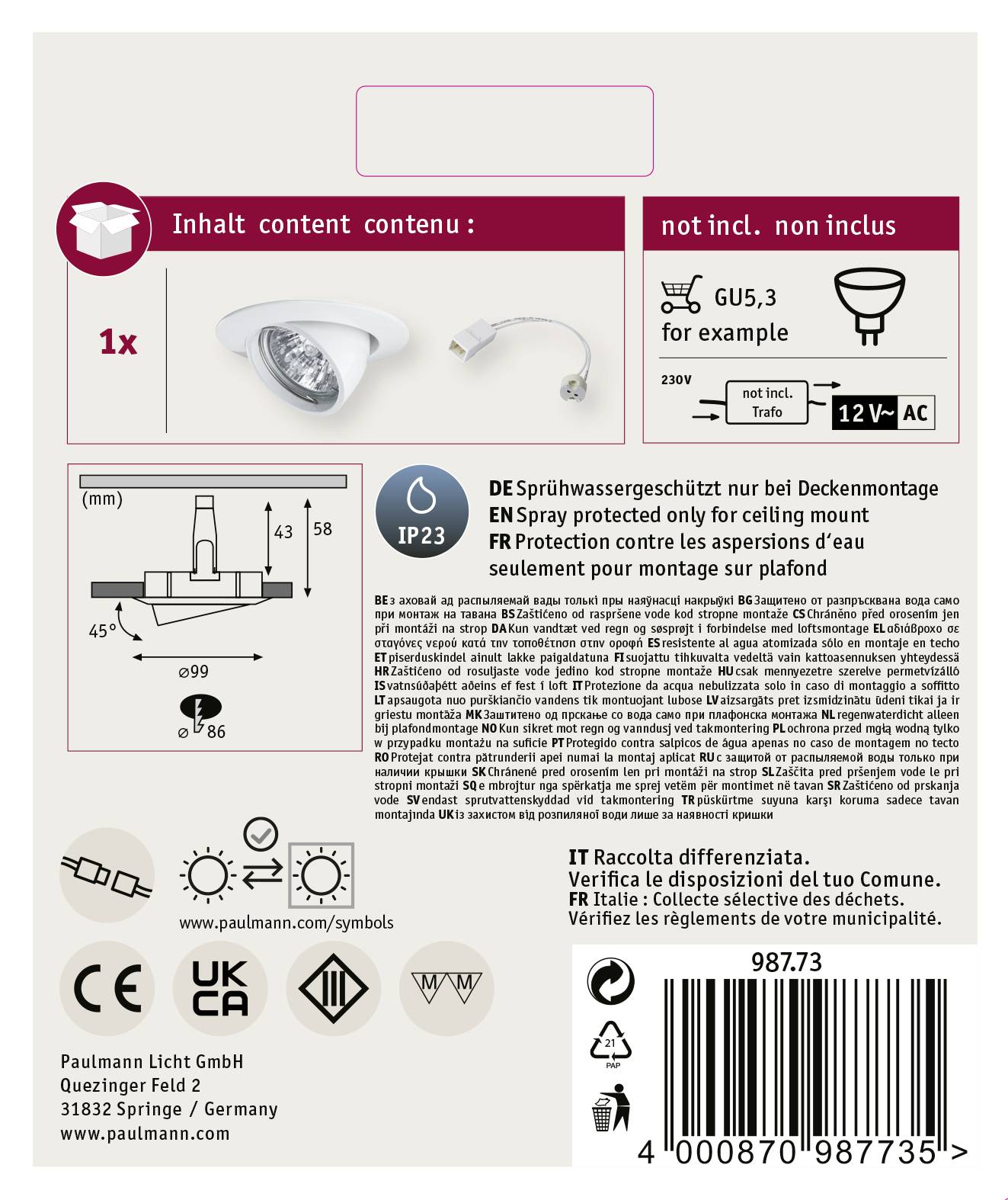 'Paulmann' Lamp Verpakkingsetiket met details over productinhoud, beschermingsklasse IP23, montage-instructies en veiligheidsinformatie.