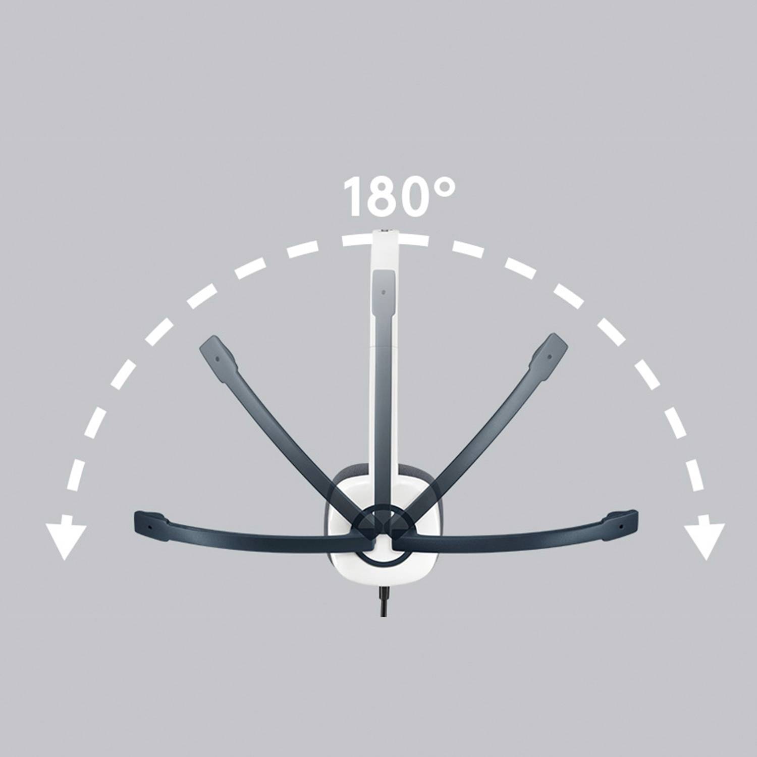 Standaard of houder met 180-graden draaibare beweging, weergegeven door een stippellijn halve cirkel en pijlen die de beweging aanduiden.