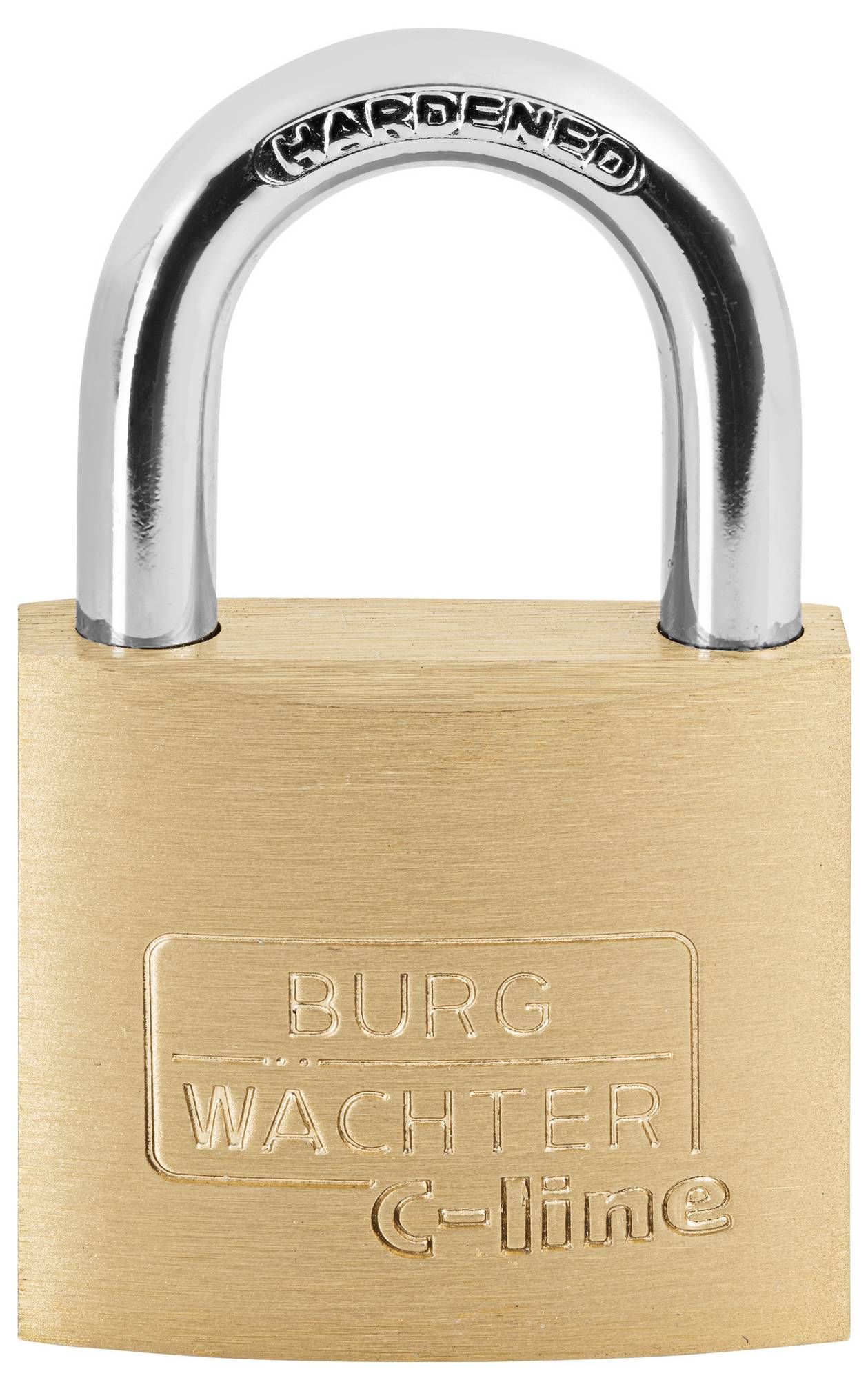 Een metalen hangslot met de gravure 'BURG WÄCHTER C-line' aan de voorzijde.