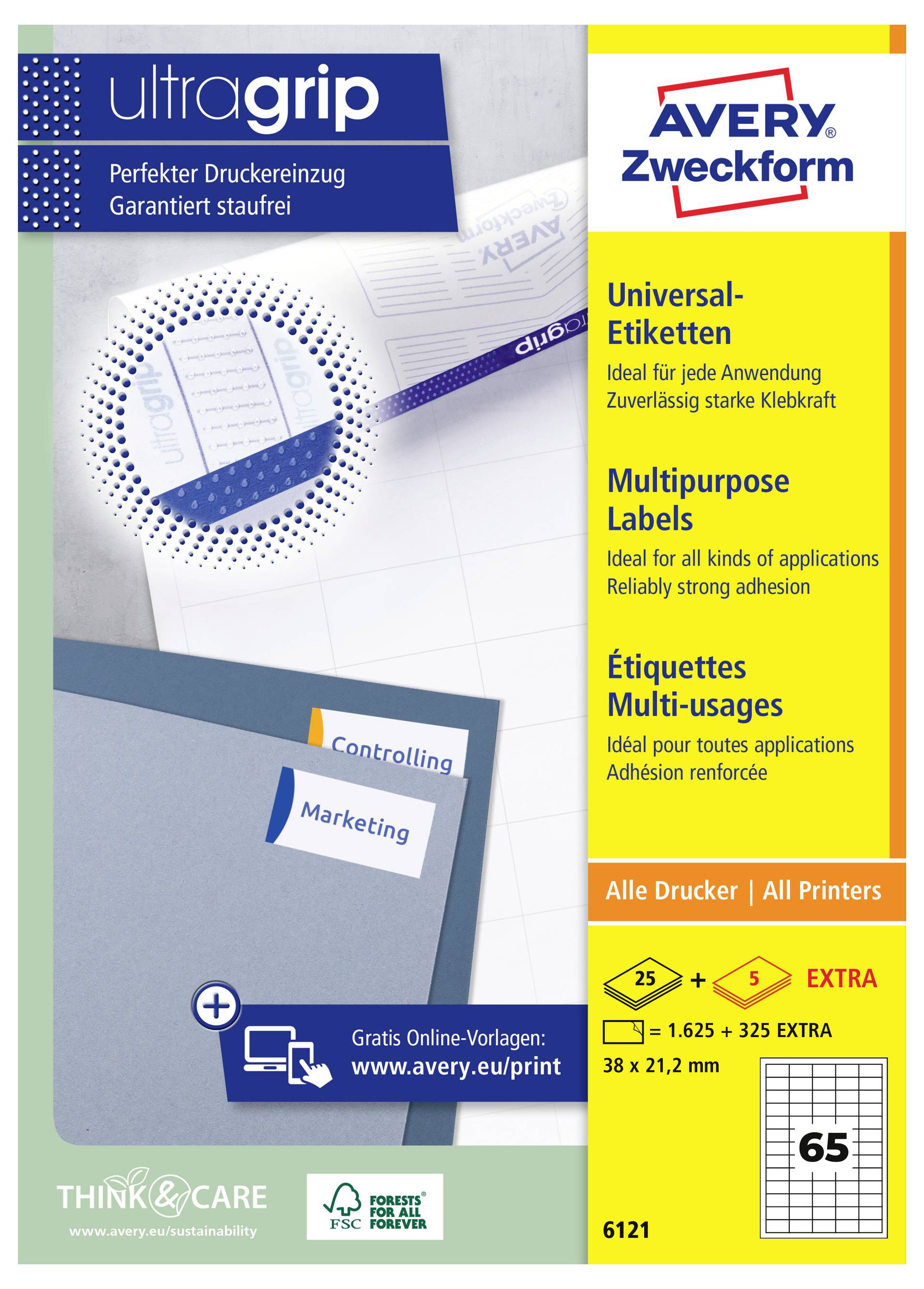Avery Zweckform 'ultragrip' universele multifunctionele etiketten voor alle printers, met sterke kleefstof en etiketvel afmeting 38 x 21,2 mm, 65 etiketten per vel.