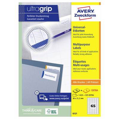 Avery Zweckform 'ultragrip' universele multifunctionele etiketten voor alle printers, met sterke kleefstof en etiketvel afmeting 38 x 21,2 mm, 65 etiketten per vel.