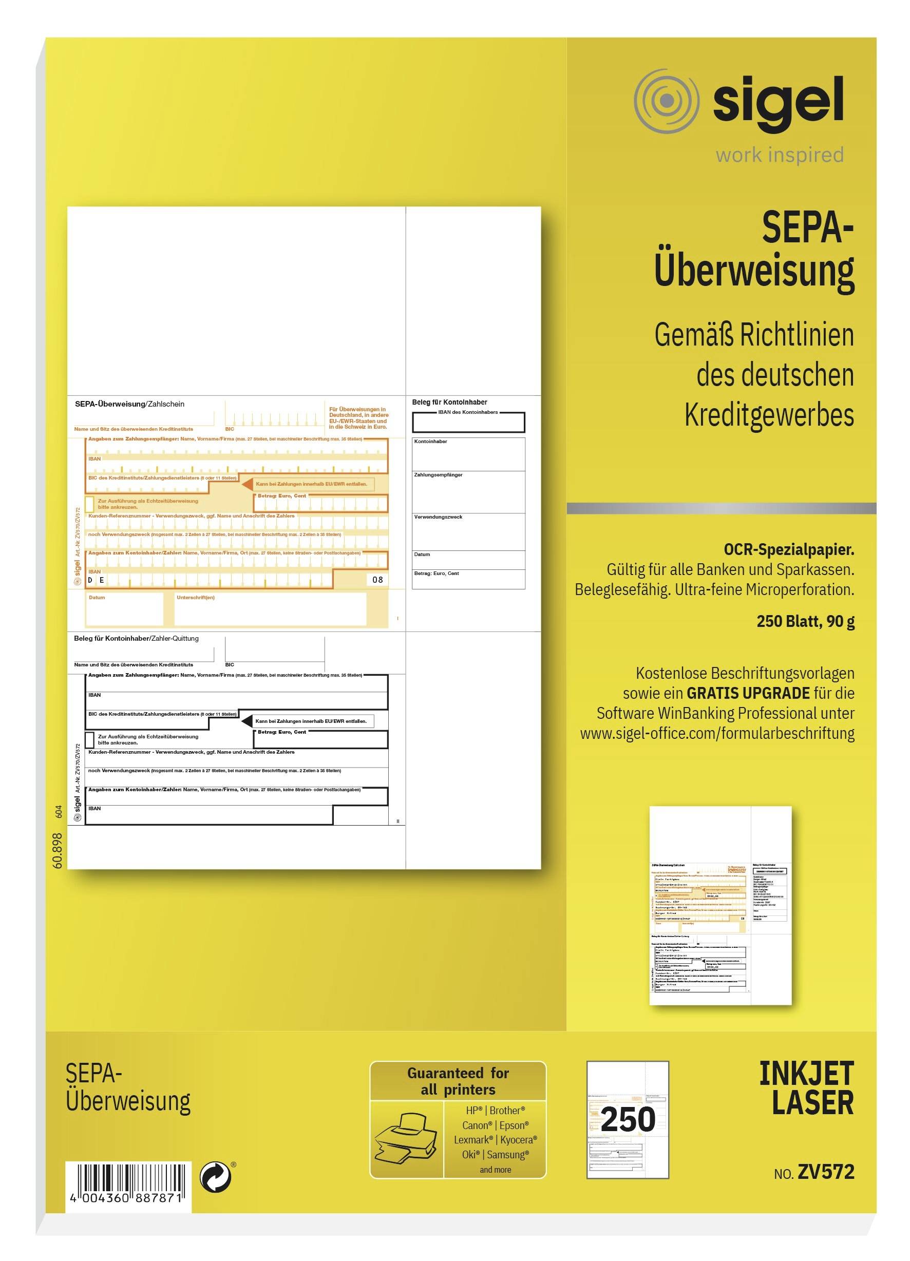 Sigel PC SEPA-overschrijving/ZV572 A4 speciaal OCR-papier, MP 90 g inh. 250 vel