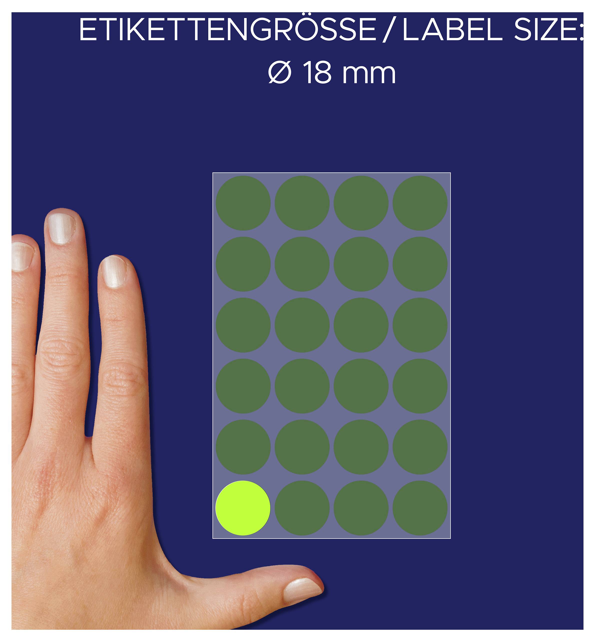 Illustratie van de etiketgrootte: rechthoek met 18 ronde labels Ø 18 mm; één label linksonder is gemarkeerd.