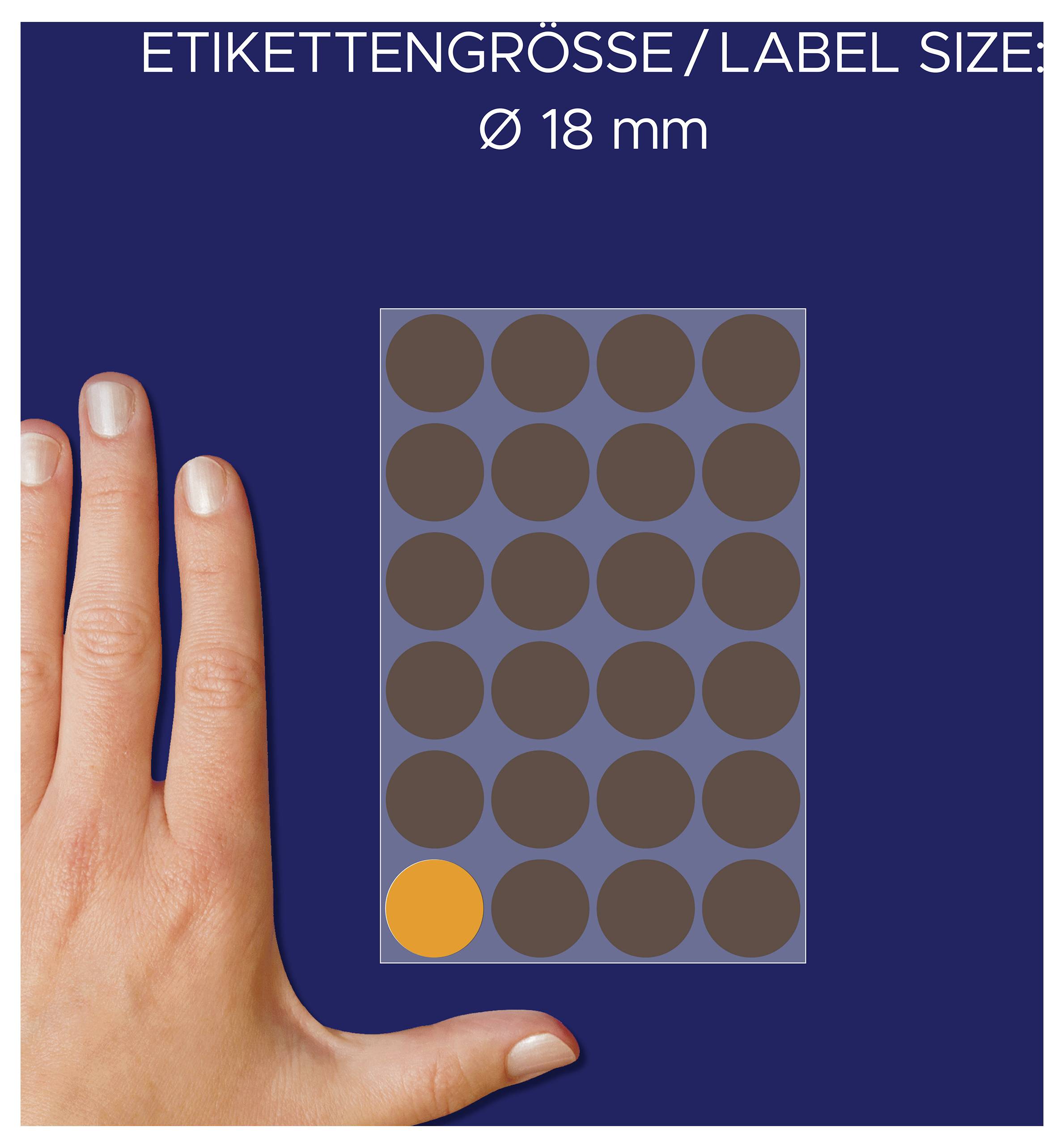Etiketgrootte met 18 mm diameter; hand toont de grootteverhouding ten opzichte van een cirkelstickervelles met gemarkeerd oranje etiket.