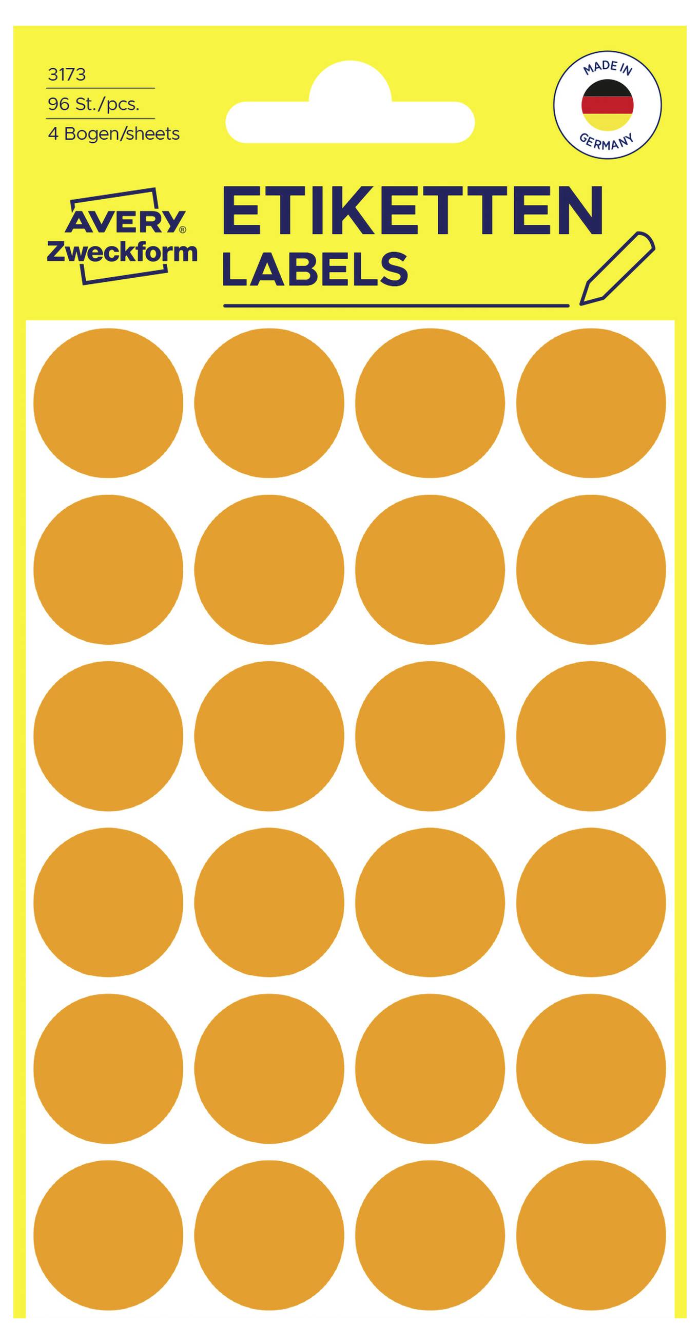 Avery Zweckform geel etikettenvel met 96 ronde oranje zelfklevende etiketten, productnummer 3173, gemarkeerd met 'ETIKETTEN LABELS' en 'Made in Germany'.