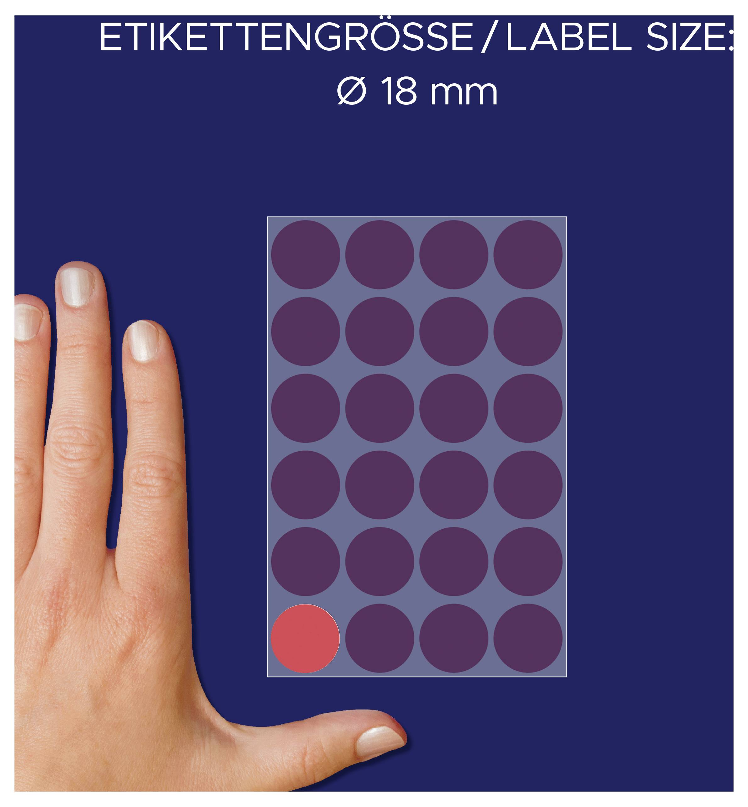 Grafiek van etiketgrootte: 18 mm diameter, met hand voor grootteafvergelijking en gemarkeerd rood etiket in het raster.