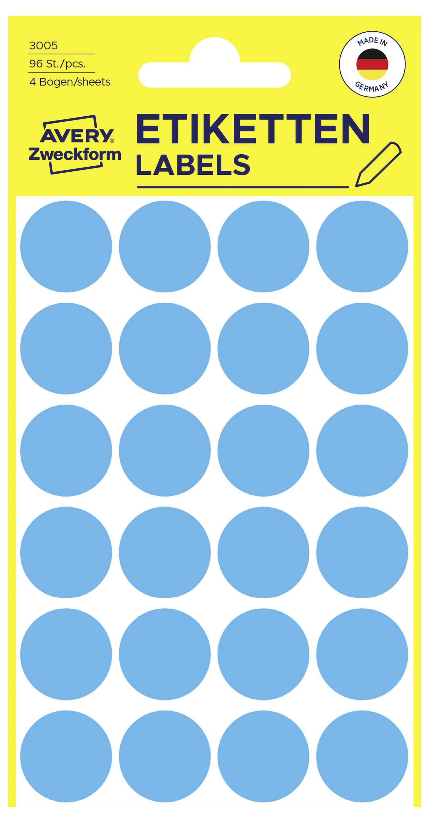 Pakket van Avery Zweckform ronde blauwe labelstickers, 96 stuks, met 'ETIKETTEN LABELS' en een Duitse vlag 'Made in Germany' zegel.
