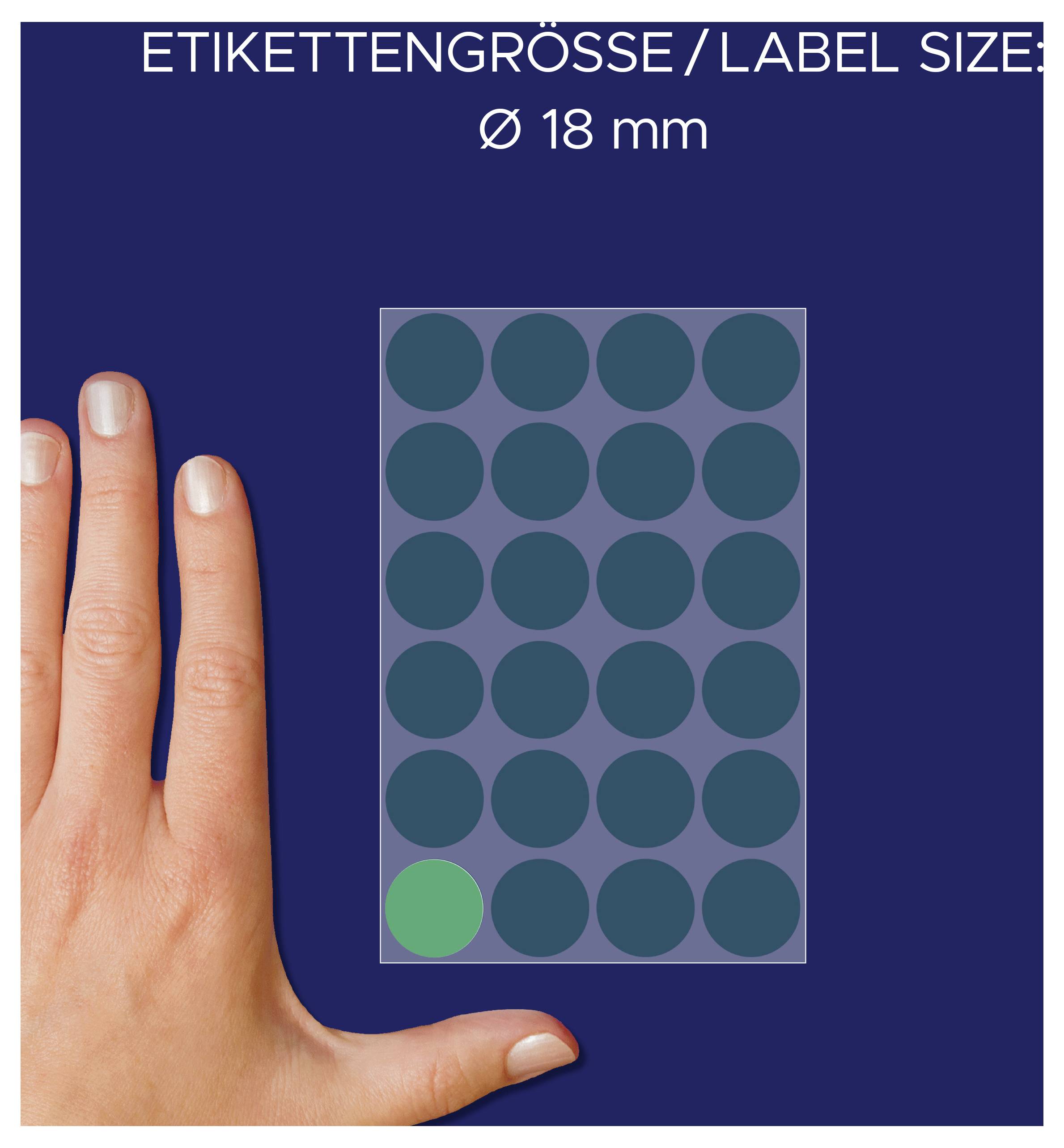 Grafiek over etikettgrootte: 'ETIKETTGROOTTE/LABEL SIZE', Ø 18 mm; Hand toont groottevergelijking met een raster van ronde stickers, één sticker is gemarkeerd.