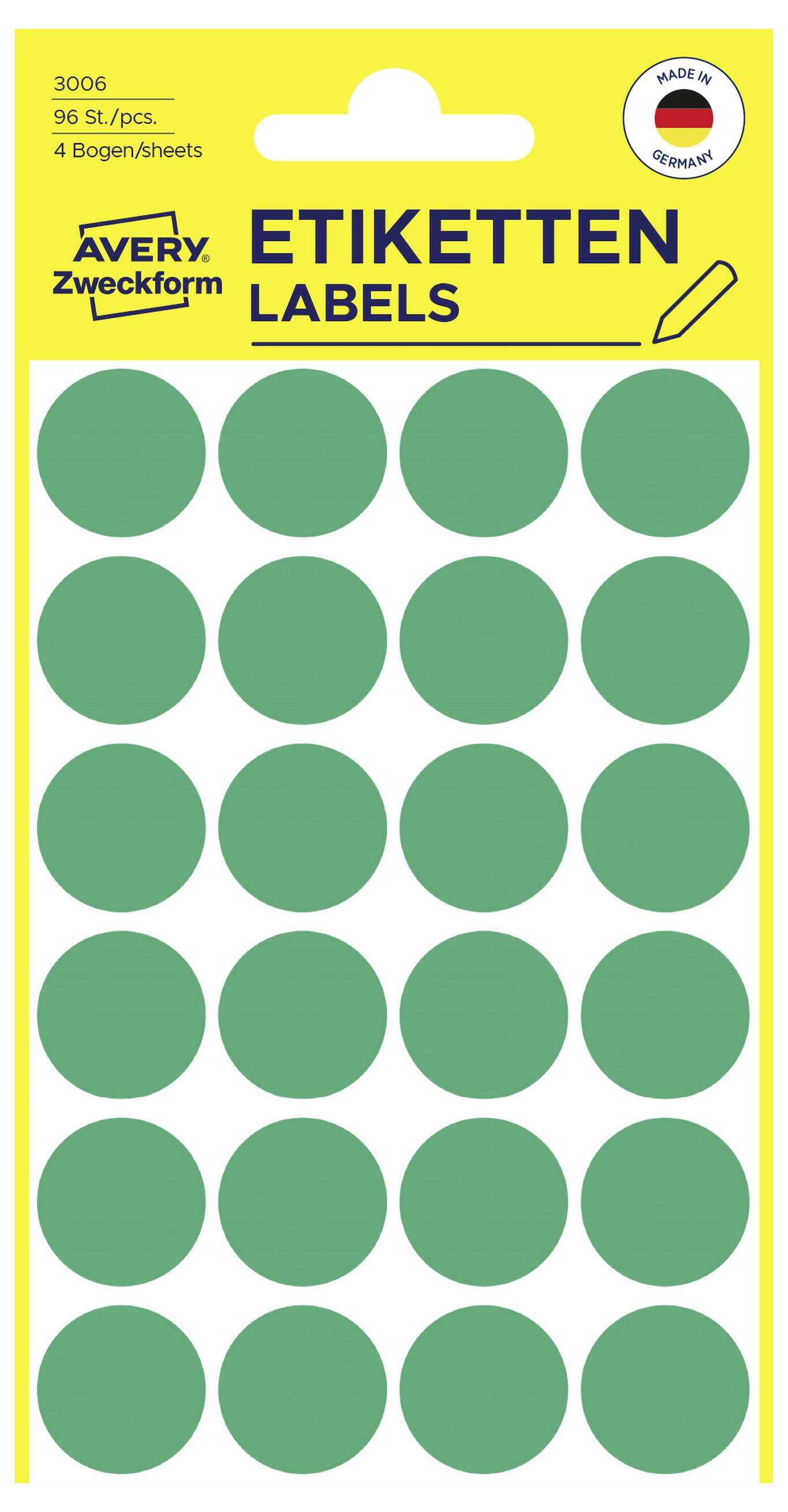 Pak met Avery Zweckform groene ronde zelfklevende etiketten, 96 zelfklevende stickers per pak.