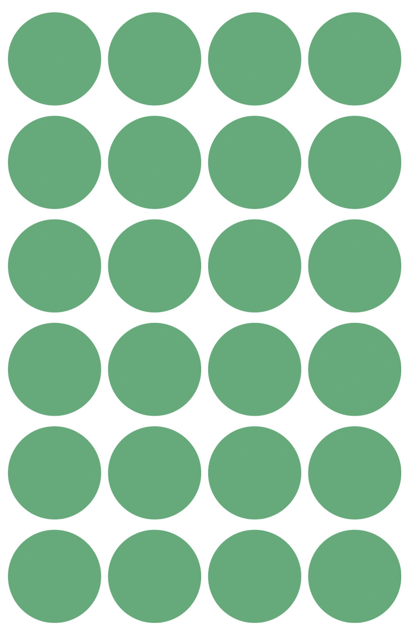 Een 4-kolommen bij 6-rijen raster van gelijkmatig verdeelde groene cirkels op een witte achtergrond.