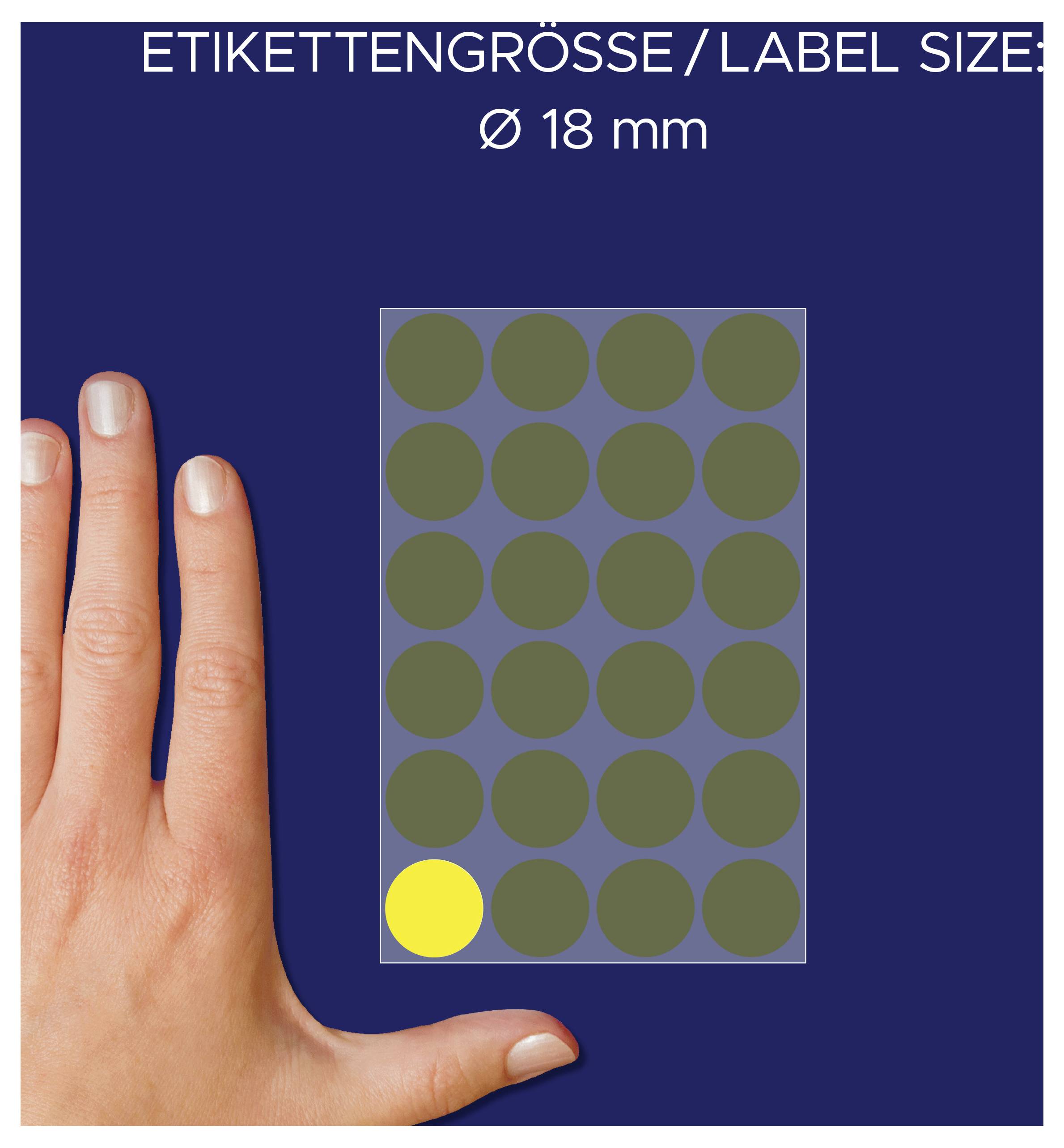 Etiketgrootte 'Ø 18 mm' met raster van ronde stickers; een gele cirkel geeft de grootte weer in verhouding tot de hand.