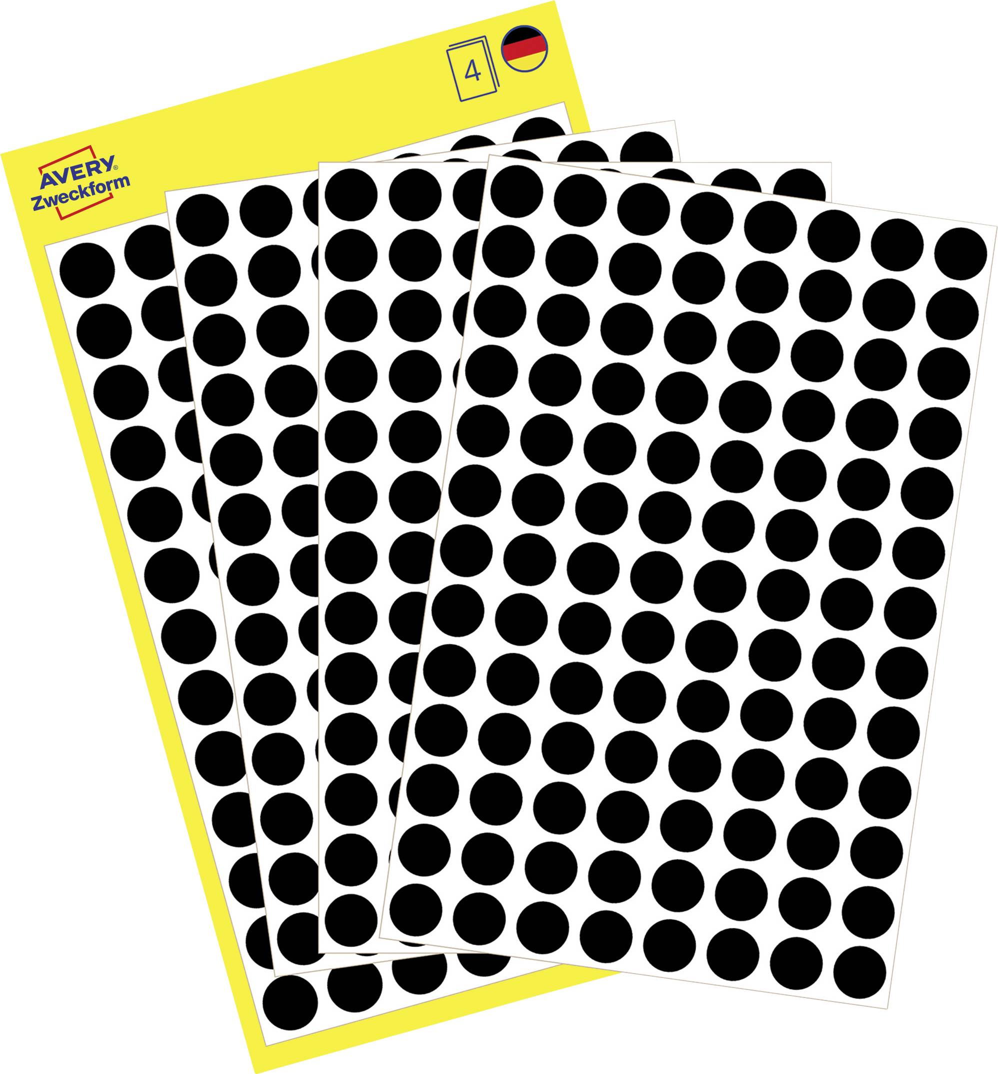 Avery Zweckform verpakking met vier vellen zwarte ronde klevende etiketten op een gele kaart, gemarkeerd met '4' en een Duitse vlag-icoon.