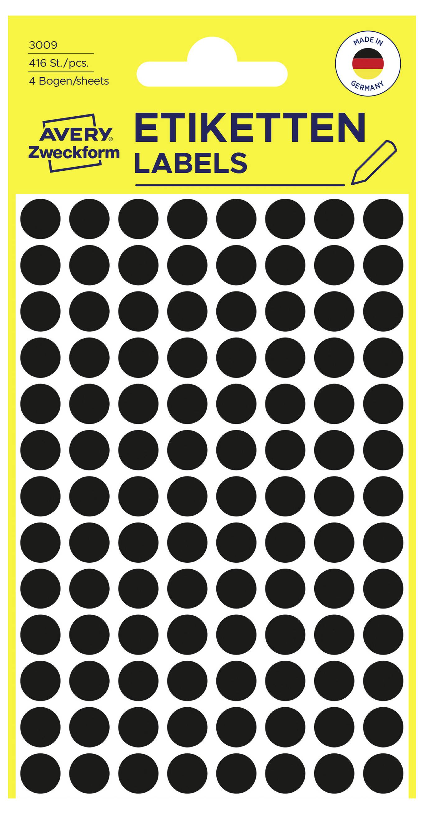 Pakket van Avery Zweckform zwarte ronde zelfklevende etiketten, 416 etiketten, 4 vellen, ETIKETTEN LABELS, gemaakt in Duitsland