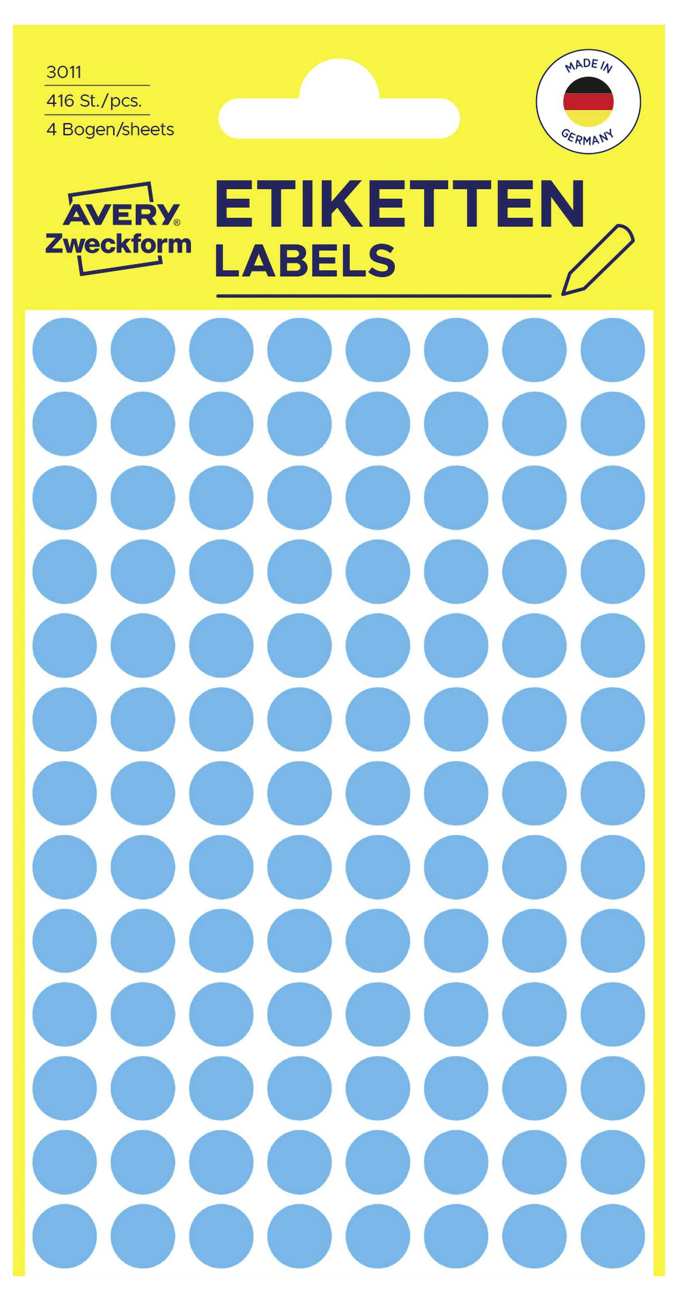 Avery Zweckform Etiketten etiketpakket met 416 ronde blauwe zelfklevende etiketten, maat 8,4 x 10,7 cm, gemaakt in Duitsland.