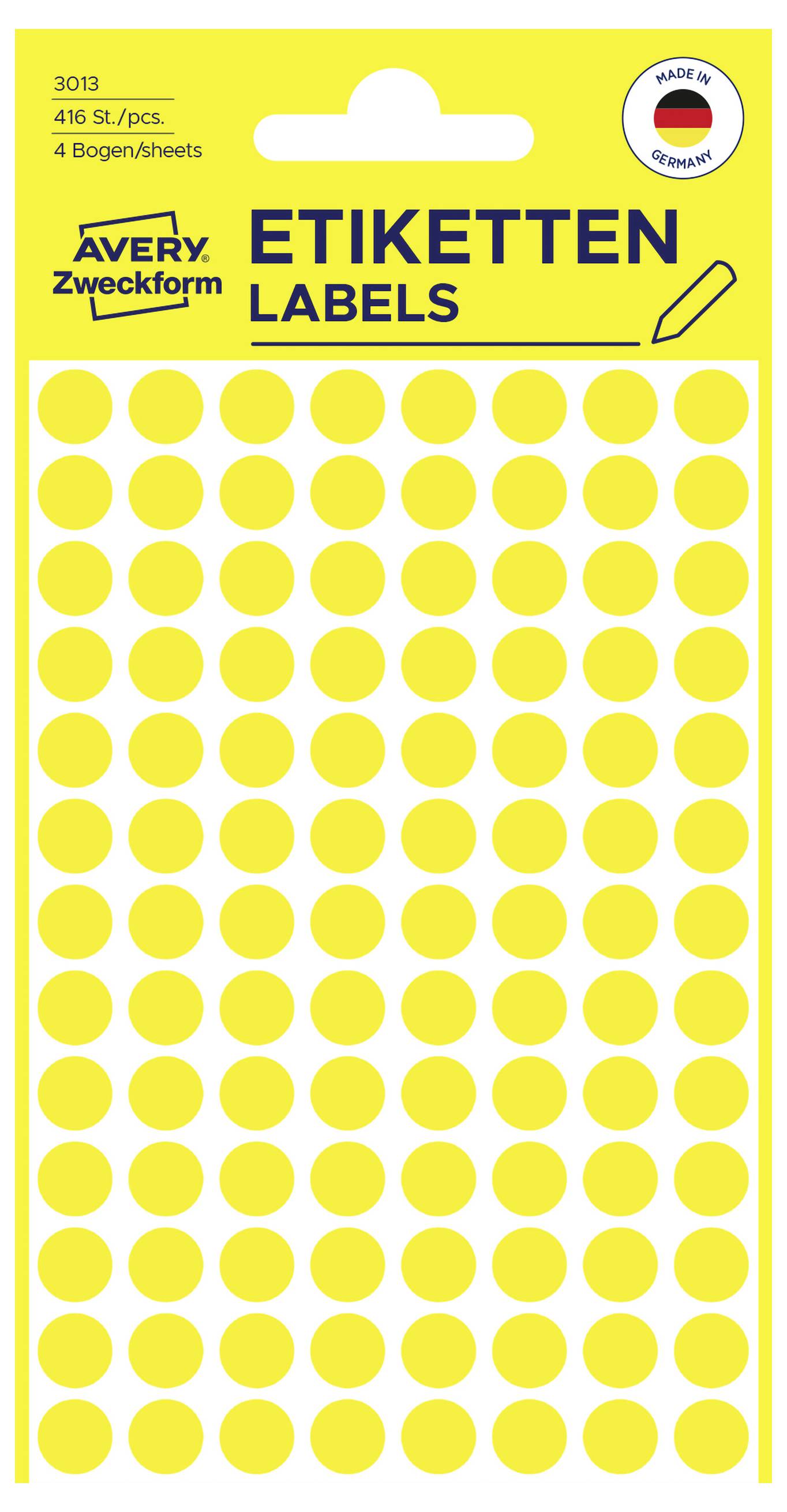Gele Avery Zweckform 'Etiketten Labels' verpakking met ronde zelfklevende etiketten, 416 stuks, model 3013, gemaakt in Duitsland.