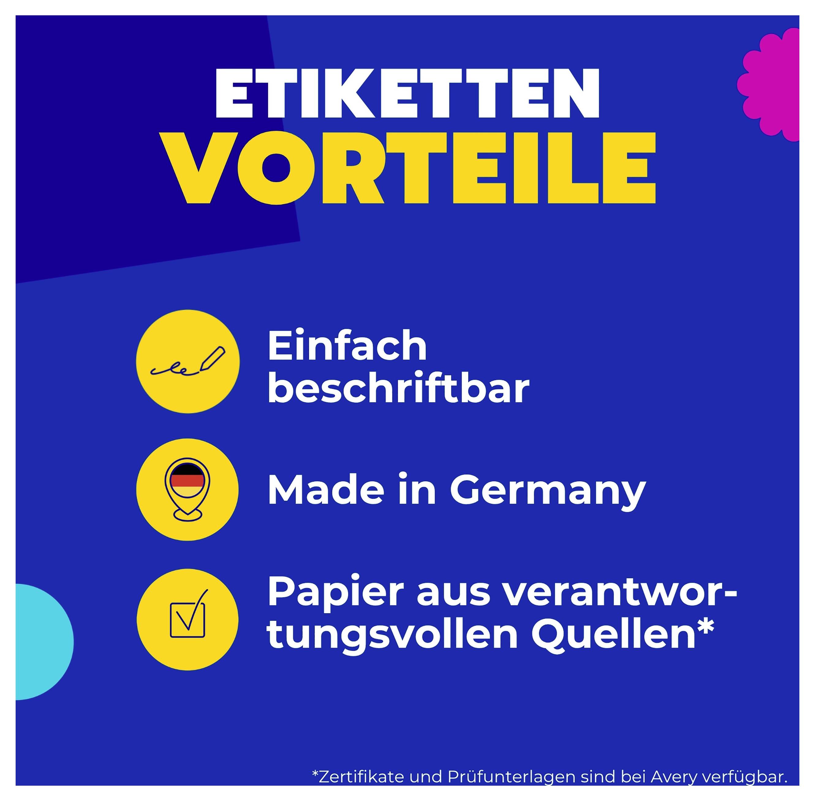 Reclameafbeelding met de kop 'Voordelen van etiketten' en drie punten: gemakkelijk beschrijfbaar, Made in Germany, papier uit verantwoorde bronnen.